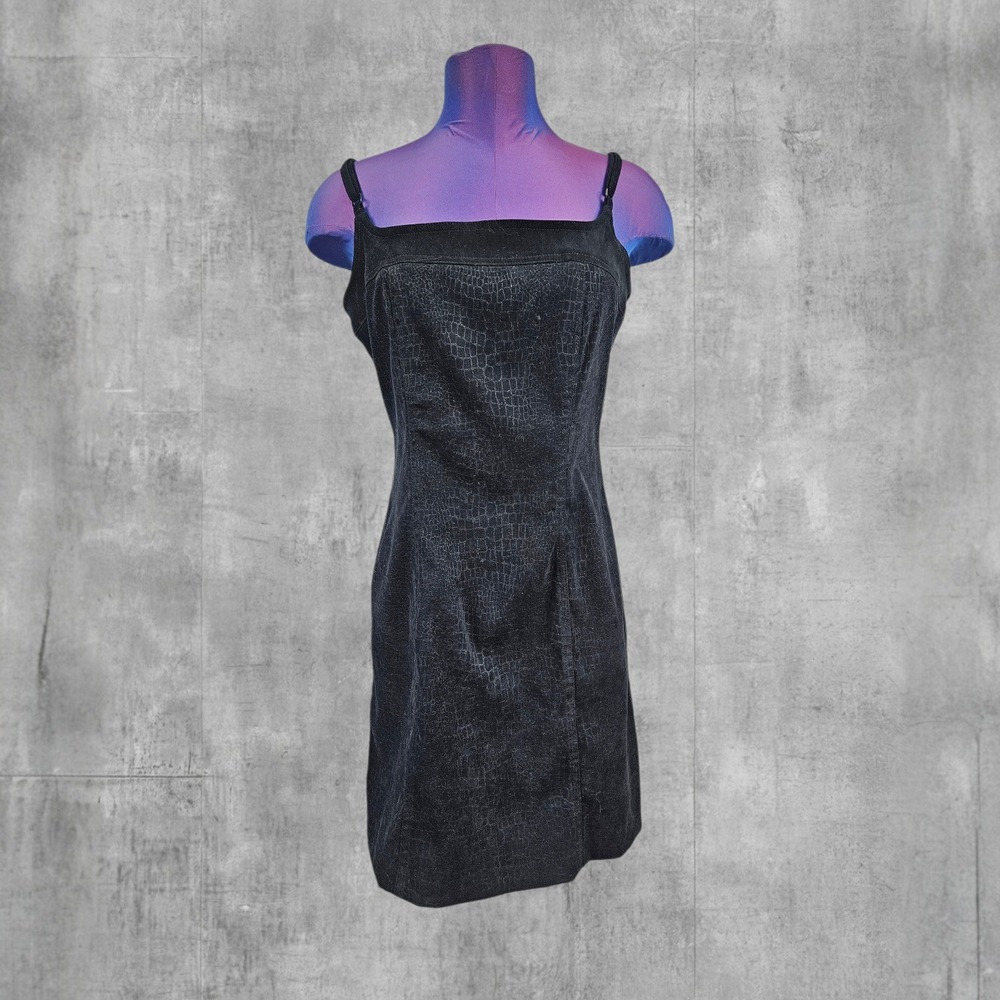 La Belle Vintage Black Crocodile Embossed Sheath Dress Square Neck Mini Size 9